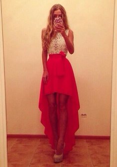 Вечернее платье И53422. А-силуэт, короткое со шлейфом.